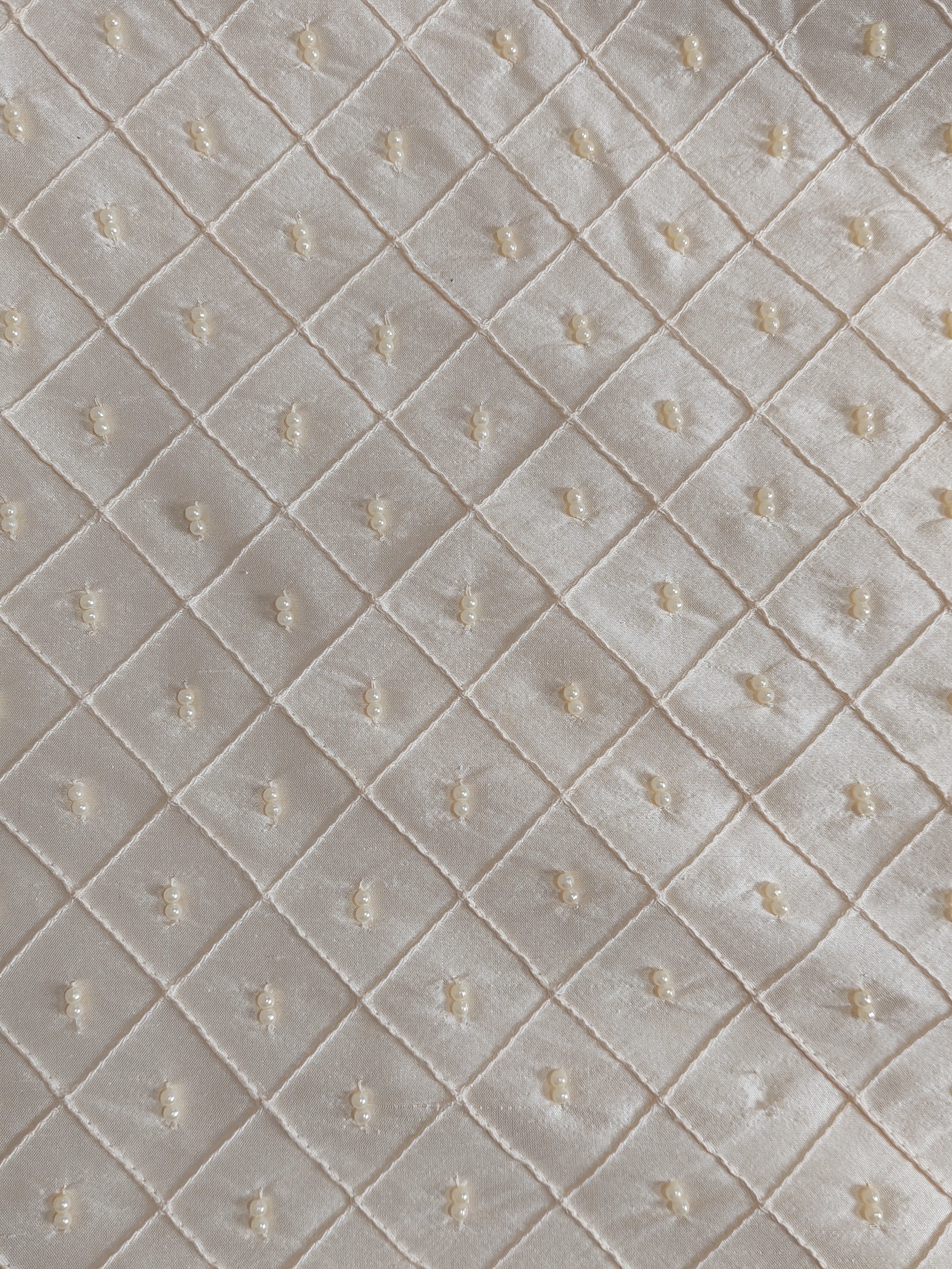 1.3m Antique Cream Embroidered Bridal Silk Taffeta with Pearl Detailing